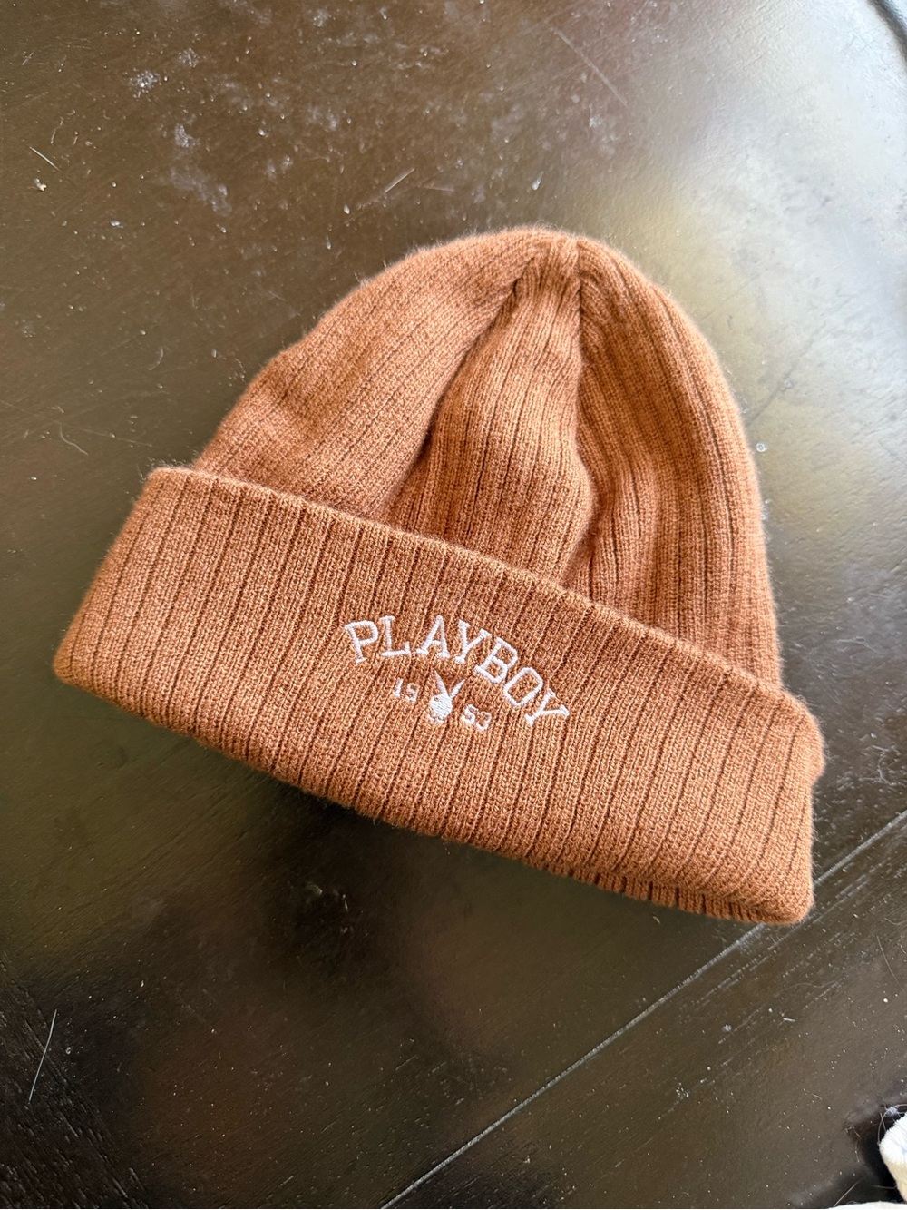 PLAYBOY Brown Rib Knit Beanie